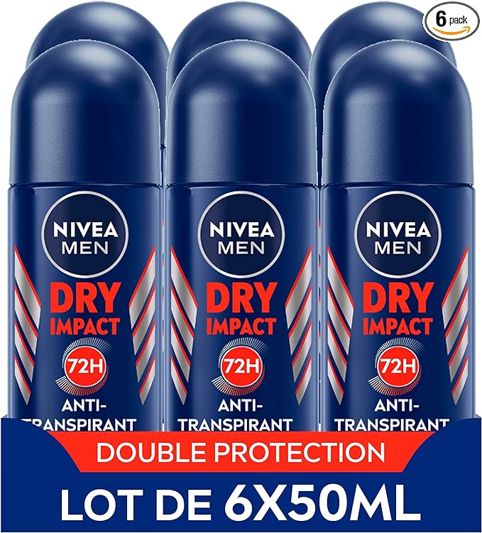 nivea men déodorant anti-transpirant dry impact (lot de 6 x 50 ml), déodorant bille pour homme sans alcool, antitranspirant protection 72 h
